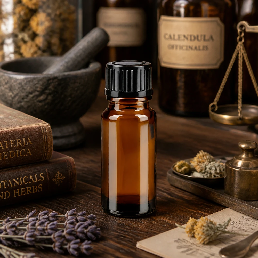 Brązowa buteleczka apteczna SV STD o pojemności 10 ml z zakrętką 11 mm obok buteleczki z Calendula Officinalis