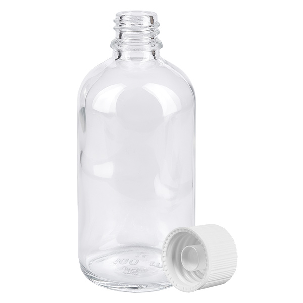 Butelka 100 ml 11 mm SV biała STD ClearLine UT18/100 Otwarta butelka apteczna o pojemności 100 ml, wykonana z przezroczystego szkła, z białym zamknięciem zabezpieczającym 11 mm