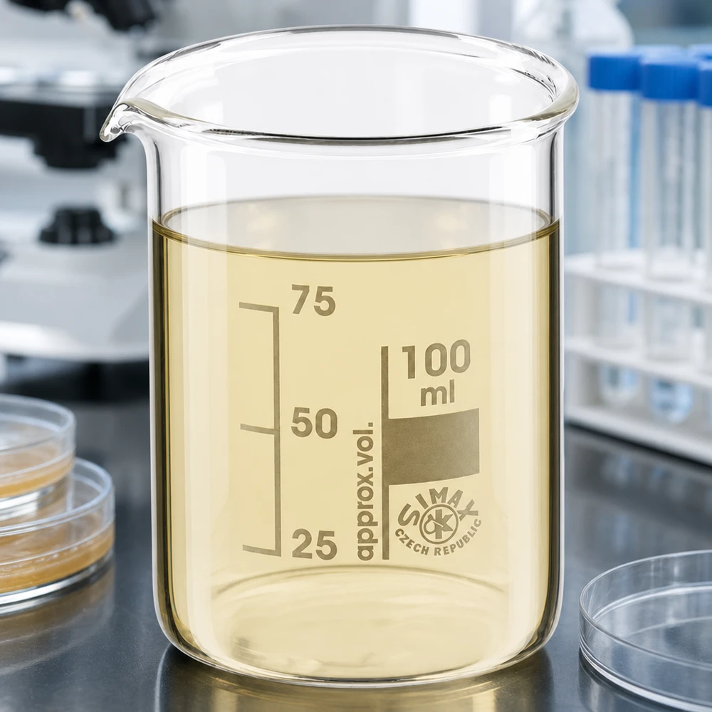 Zlewka 100 ml ze szkła borokrzemowego, niski kształt Przezroczysta zlewka 100 ml ze szkła borokrzemowego z żółtym płynem i precyzyjną podziałką
