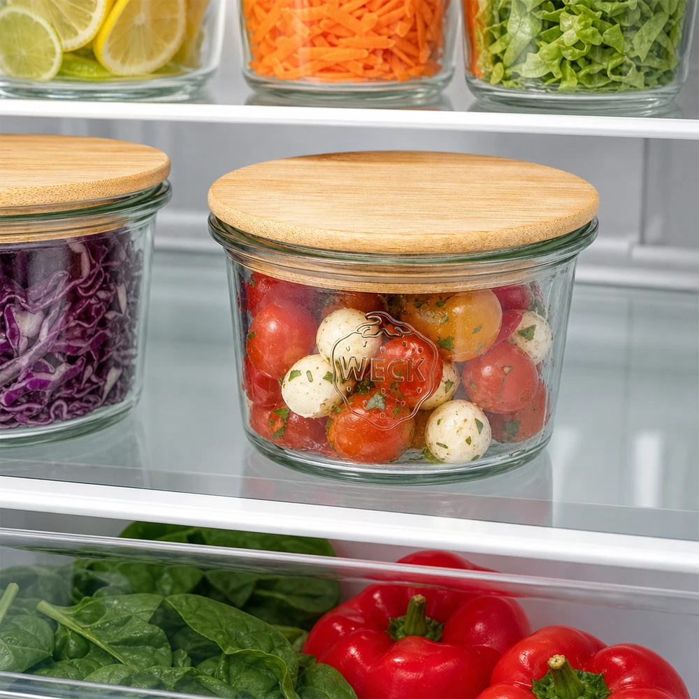 Minibutelki WECK RR40 o pojemności 35 ml z drewnianą pokrywką WECK Mini Sturzglas 35ml mit Bambus Holzdeckel zur Aufbewahrung von Tomaten und Mozzarella im Kühlschrank organisiert