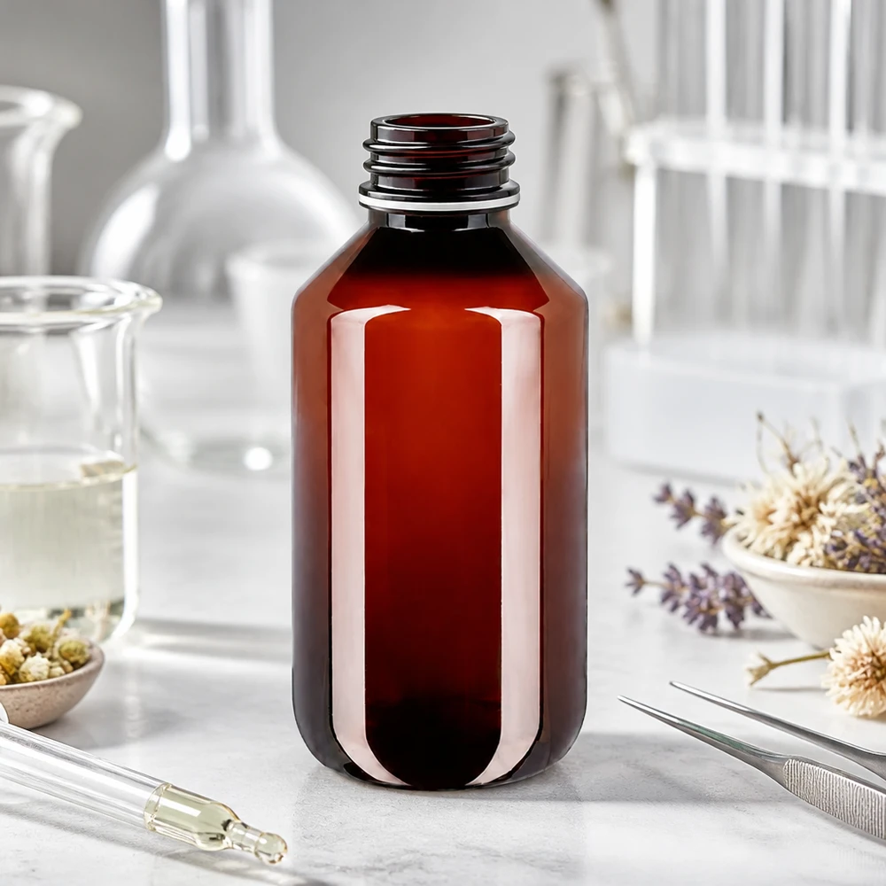 Butelka chroniąca przed światłem, 100 ml, brązowa, z PET, z białym, karbowanym nakrętką OV, przeznaczona do płynów wrażliwych na światło