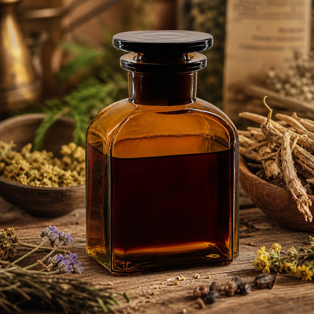 Butelka apteczna o pojemności 150 ml, kwadratowa, z brązowego szkła, z szeroką szyjką i szklanym korkiem, przeznaczona do olejków eterycznych