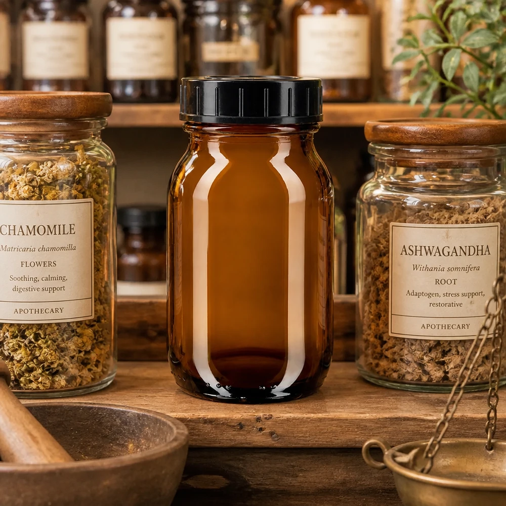 Butelka z szeroką szyjką o pojemności 100 ml z bursztynowego szkła z zakrętką Zakręcany słoik o pojemności 100 ml wykonany z wysokiej jakości bursztynowego szkła, idealny do przechowywania ziół i przypraw.