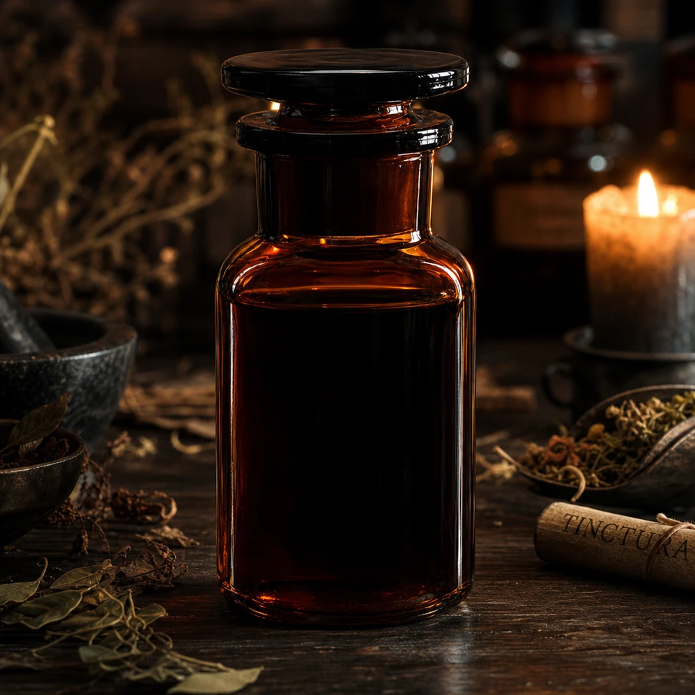 Ciemna butelka na nalewkę o pojemności 100 ml, z zaokrąglonymi ramionami i szeroką szyjką, z ziołami i świecą