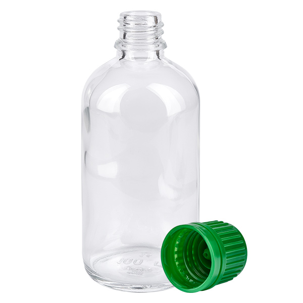 Butelka 100 ml 11 mm SV zielona OV ClearLine UT18/100 Pusta butelka ClearLine z przezroczystego szkła o pojemności 100 ml, bez oryginalnej zielonej nakrętki śrubowej 11 mm
