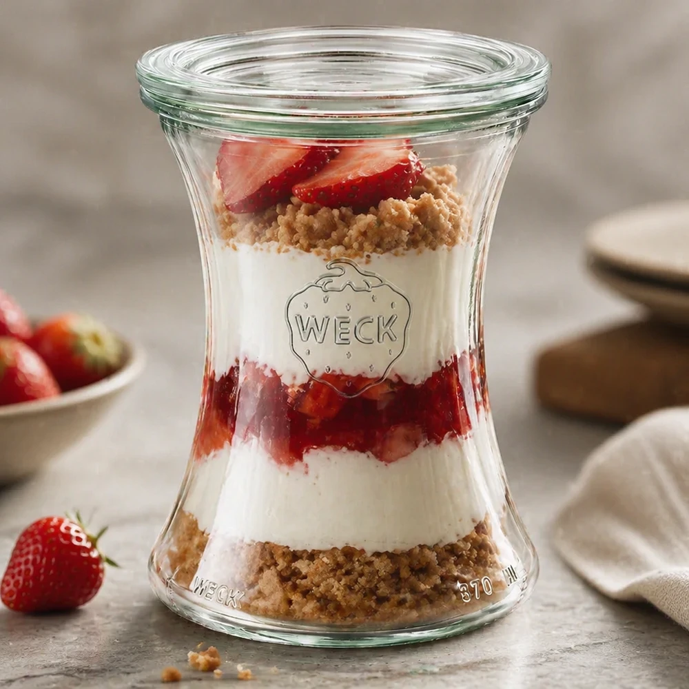 Słoik delikatesowy o pojemności 370 ml z szklaną pokrywką WECK RR80 Słoik delikatesowy WECK 370ml RR80 jako słoik deserowy z truskawkami i posypką prezentuje elegancki warstwowy wygląd