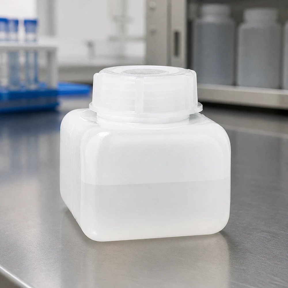 Butelka na chemikalia o pojemności 250 ml, z polietylenu HD (PE-HD), z szeroką szyjką, w kolorze naturalnym, na stole laboratoryjnym ze stali nierdzewnej, z zakrętką