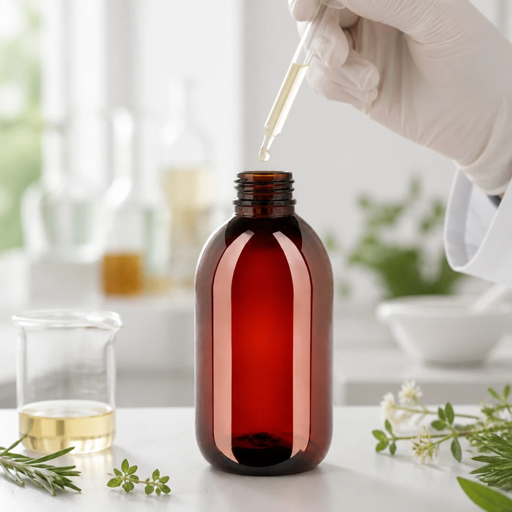 Butelka PET o pojemności 250 ml w kolorze bursztynowym z zakrętką w profesjonalnym środowisku laboratoryjnym