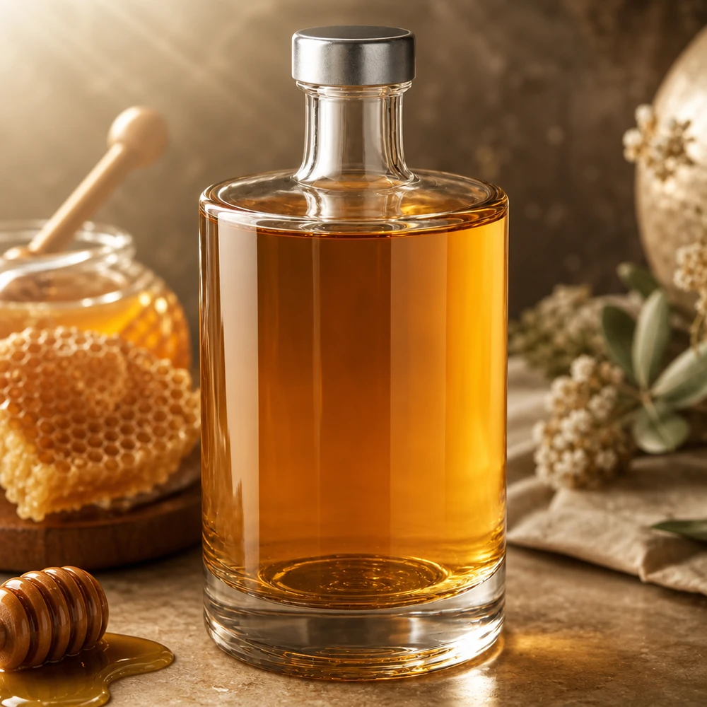 Butelka szklana 500 ml Sam i zakrętka srebrna UNiTWIST® 500ml szklana butelka Sam wypełniona miodem obok plastra miodu i łyżki miodu rustykalna dekoracja kuchni Przykład zastosowania