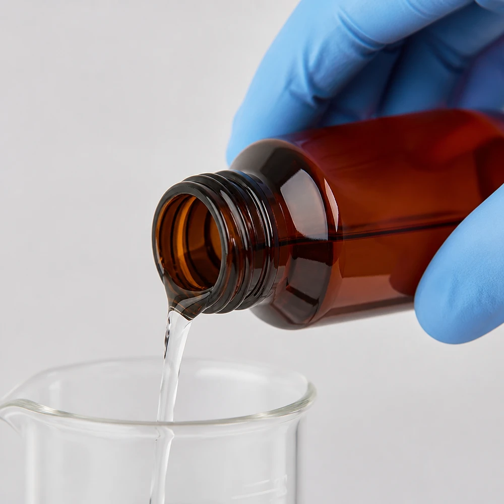 Butelka PET 100 ml z białym standardem OV Laborant w niebieskiej rękawiczce przelewa przezroczysty płyn z brązowej butelki PET o pojemności 100 ml do zlewki