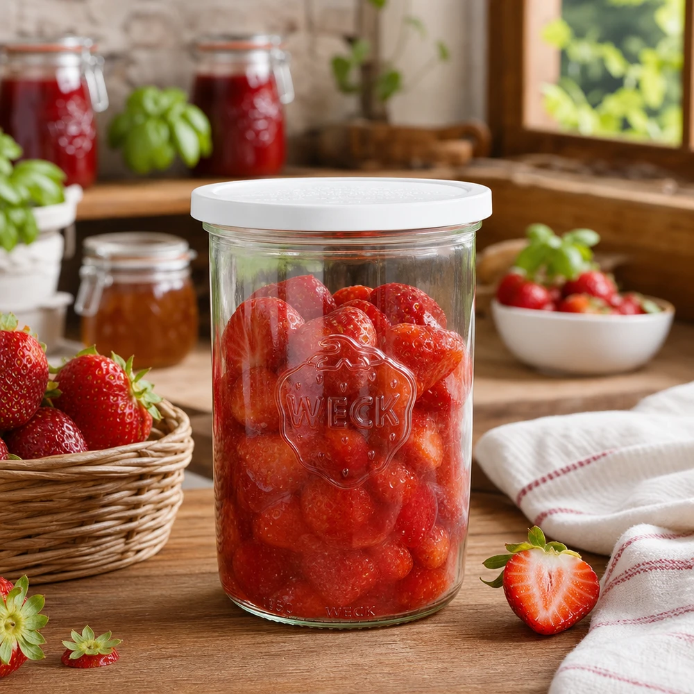 Kubki o pojemności 1000 ml z pokrywką WECK RR100 WECK słoik 1000ml RR100 z kiszonymi truskawkami w rustykalnej kuchni ze świeżymi owocami