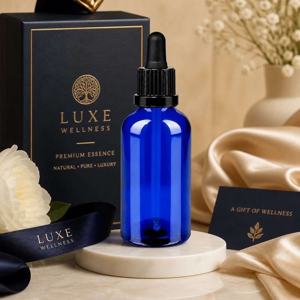 50 ml butelka do leków płynnych czarna OV BlueLine UT18/50 Wysokiej jakości butelka z pipetą o pojemności 50 ml wykonana z wytrzymałego bursztynowego szkła z ergonomiczną czarną nasadką z zakraplaczem.