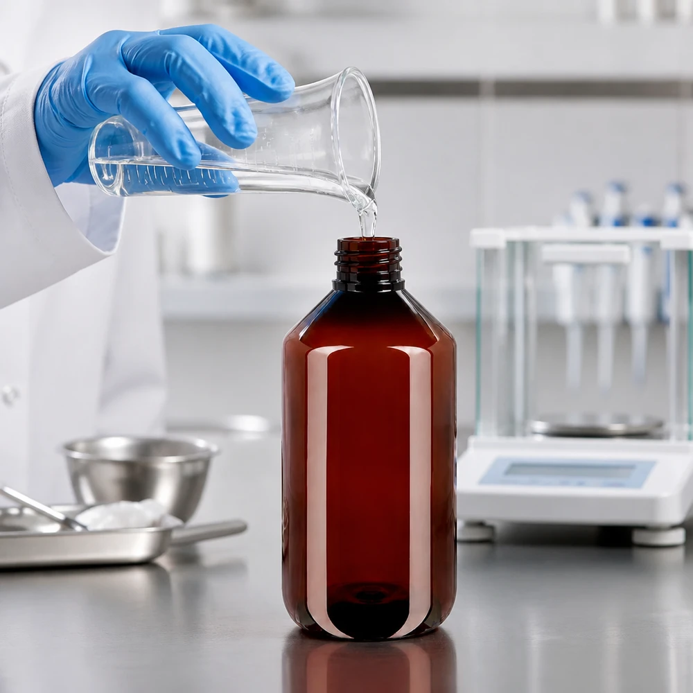 Butelka PET 500ml z nakrętką odgazowującą czerwona Laborant napełnia przezroczystą cieczą brązową butelkę PET o pojemności 500 ml z korkiem odgazowującym