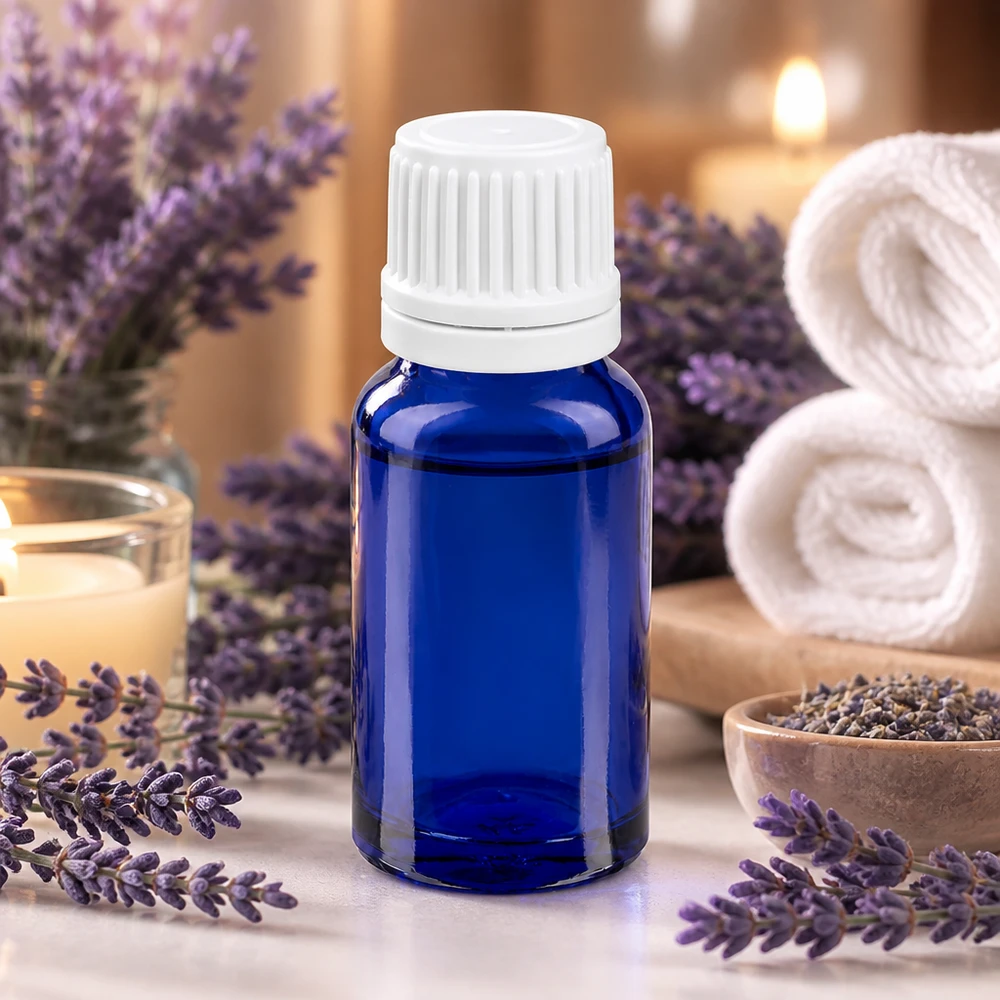 Mała niebieska szklana butelka 10 ml z białym zakraplaczem do olejków eterycznych i aromaterapii