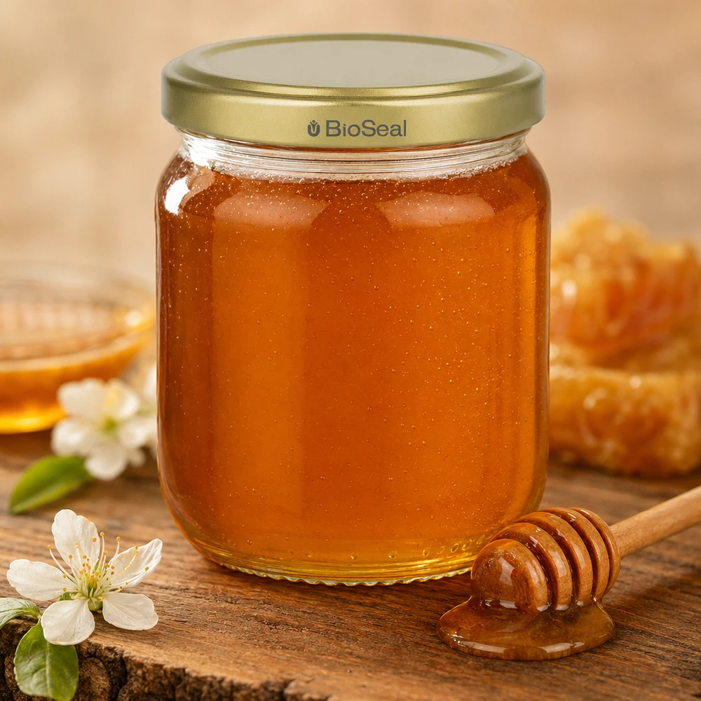 500g Honigglas mit goldenem Deckel BioSeal UNiTWIST Słoik miodu 500 g ze złotą pokrywką BioSeal i łyżką miodu na rustykalnym drewnie z białymi kwiatami jako dekoracją