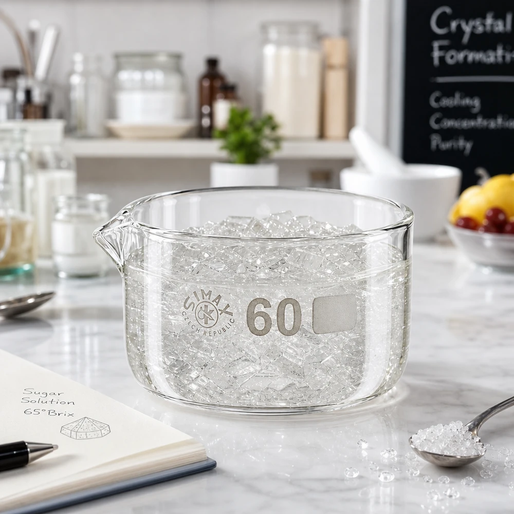 Miska do krystalizacji 60 ml, do kostki lodu, chłodząca, ze szkła borokrzemowego, płaska, cylindryczna, z wylewką, miska laboratoryjna