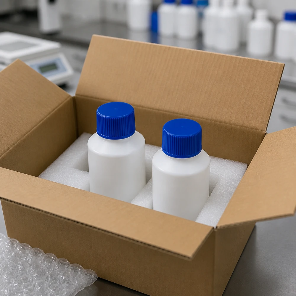 Dwie białe butelki apteczne z HDPE o pojemności 50 ml z niebieskimi zakrętkami, bezpiecznie zapakowane w karton