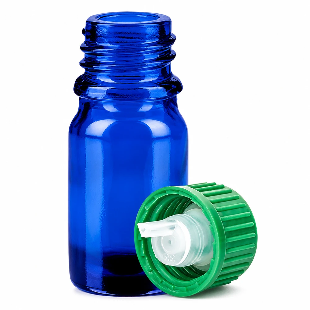 Butelka z zakraplaczem o pojemności 5 ml wykonana z niebieskiego szkła z zakraplaczem 0,8 mm do leków i olejków eterycznych