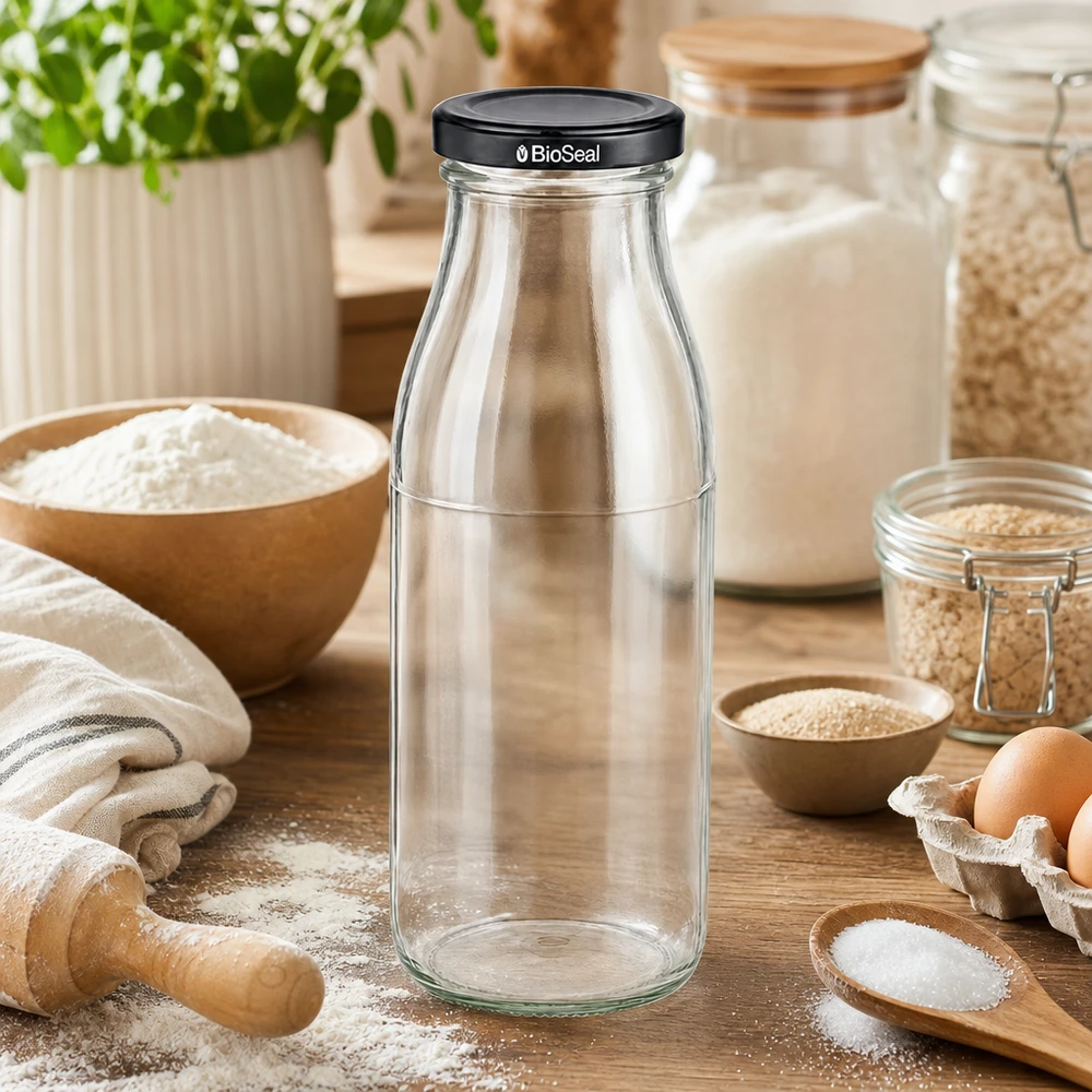 Szklana butelka 500 ml + pokrywka BioSeal czarna UNiTWIST. Całkowicie szczelna z dużą pokrywką TO48. Do mleka, soków i lemoniady. 500ml Glasflasche mit BioSeal Deckel in rustikaler Küche zwischen Backzutaten Mehl und Eiern für Kochbegeisterte