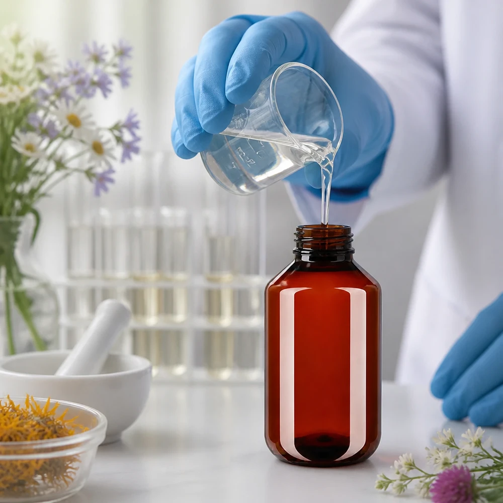 Przezroczysty płyn jest rozlewany do brązowej butelki PET o pojemności 100 ml z białym zakrętkiem