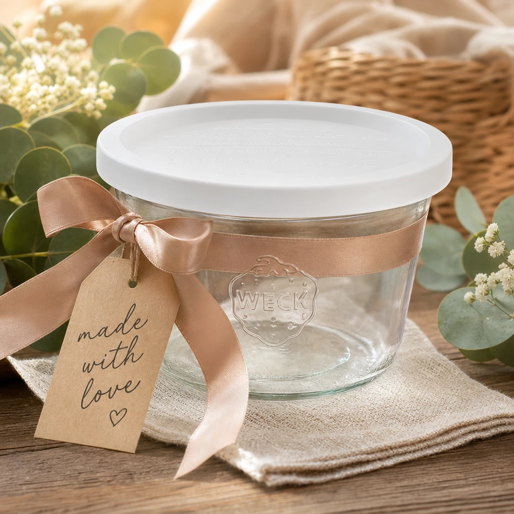 Kubki WECK 370ml RR100 ozdobnie prezentowane z kokardą i przywieszką prezentową Made with Love na drewnianym stole
