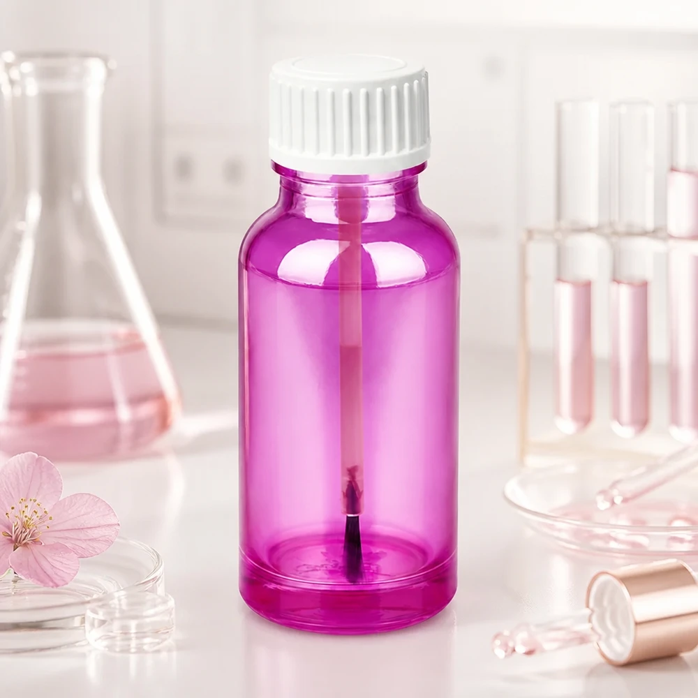 Butelka z pędzelkiem o pojemności 20 ml wykonana z wysokiej jakości szkła w kolorze przezroczystego fioletu do kosmetyków w płynie