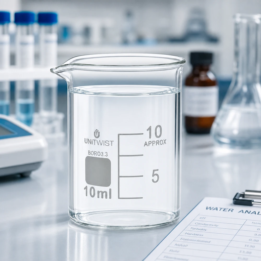 Szklanka UNiTWIST o pojemności 10 ml, o niskim profilu, wykonana z żaroodpornego szkła borokrzemowego typu 3.3, przeznaczona do zastosowań laboratoryjnych