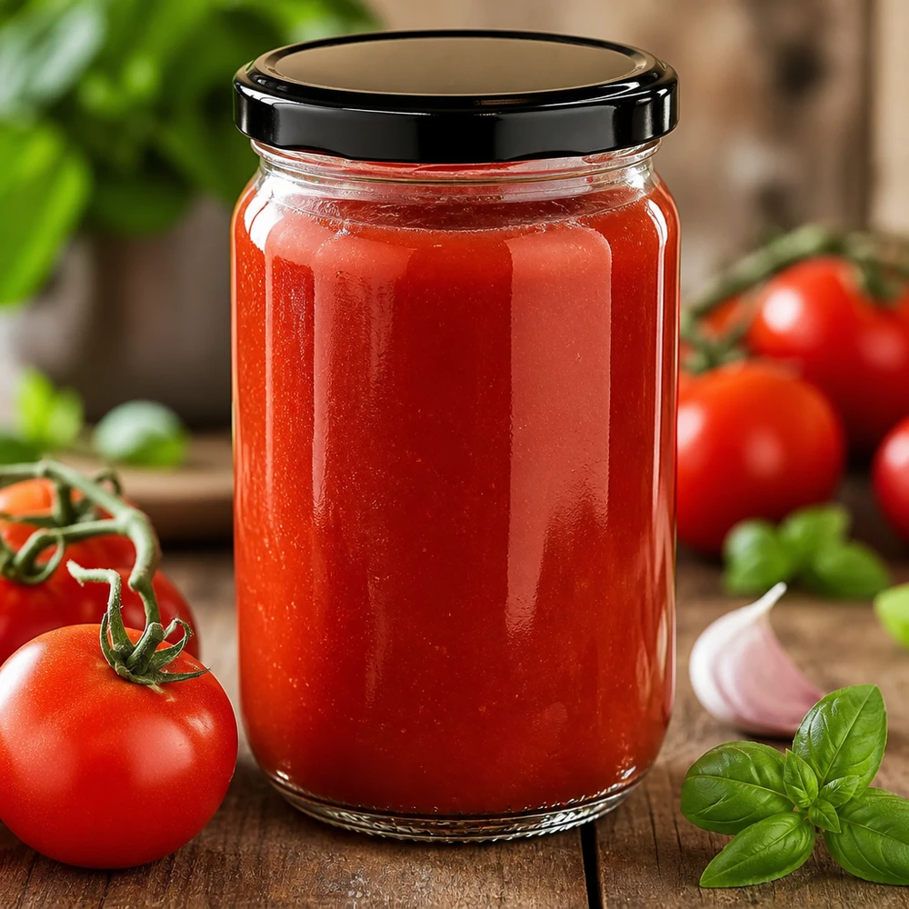 Okrągła szklana butelka UniTwist o pojemności 555 ml z czarną pokrywką BasicSeal, wypełniona czerwonym sosem pomidorowym