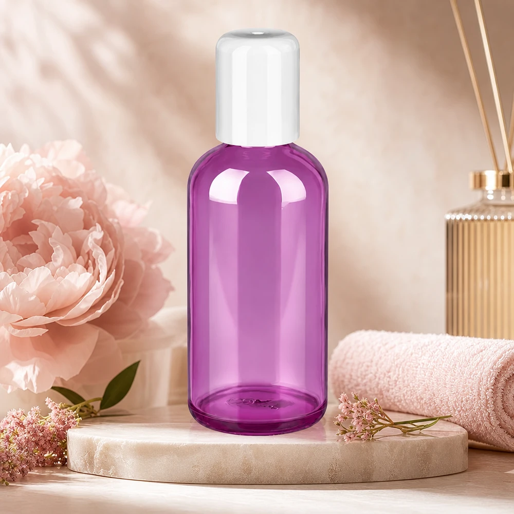 Butelka typu roll-on 100 ml, biała, standardowa PurpleLine UT18/100 Przezroczysta butelka roll-on o pojemności 100 ml w stylowym fioletowym kolorze z praktycznym aplikatorem kulkowym