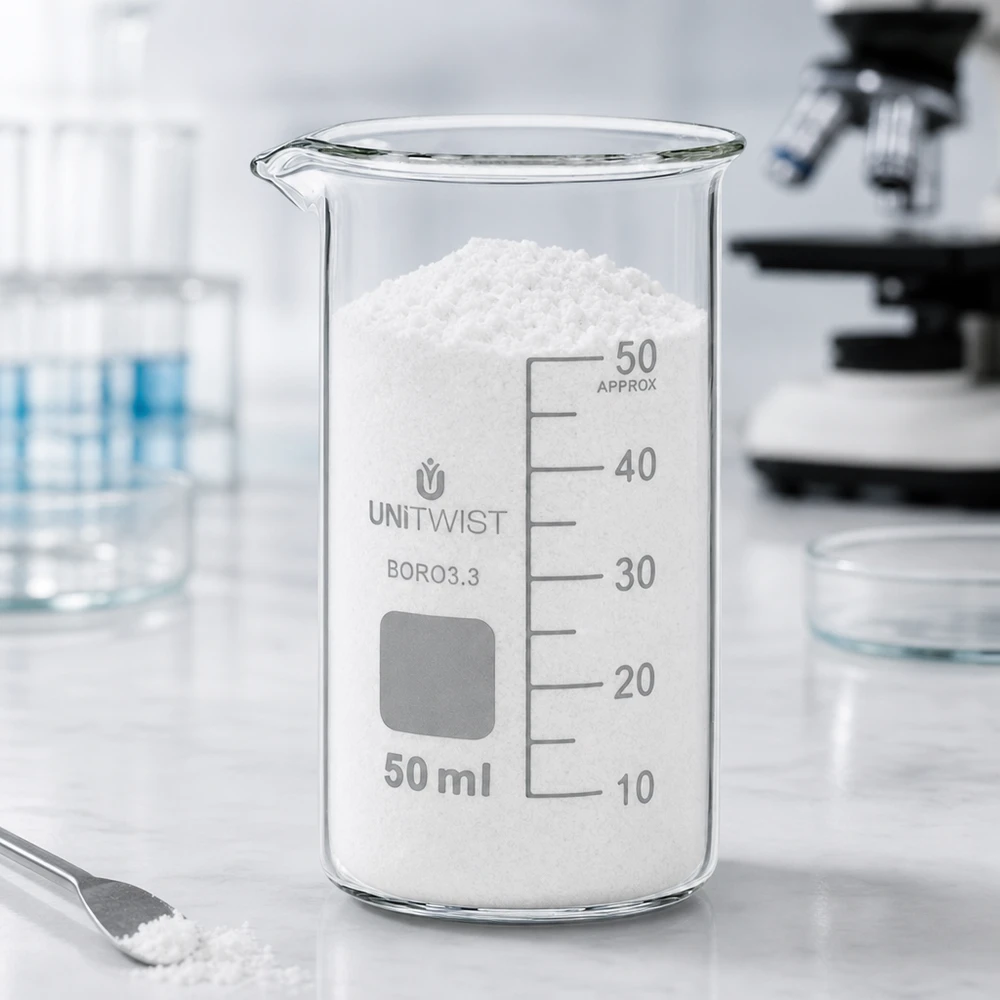 Szklanka UNITWIST o pojemności 50 ml, wysoka, wykonana z borokrzemianu, wypełniona białym proszkiem w laboratorium