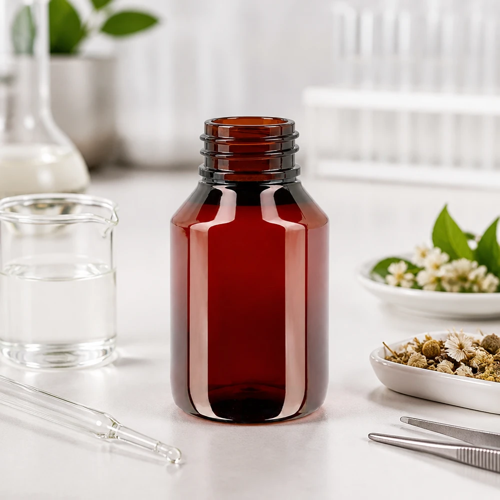 Schlanke braune 50ml PET Flasche mit gerilltem OV Verschluss für Naturheilmittel und Extrakte
