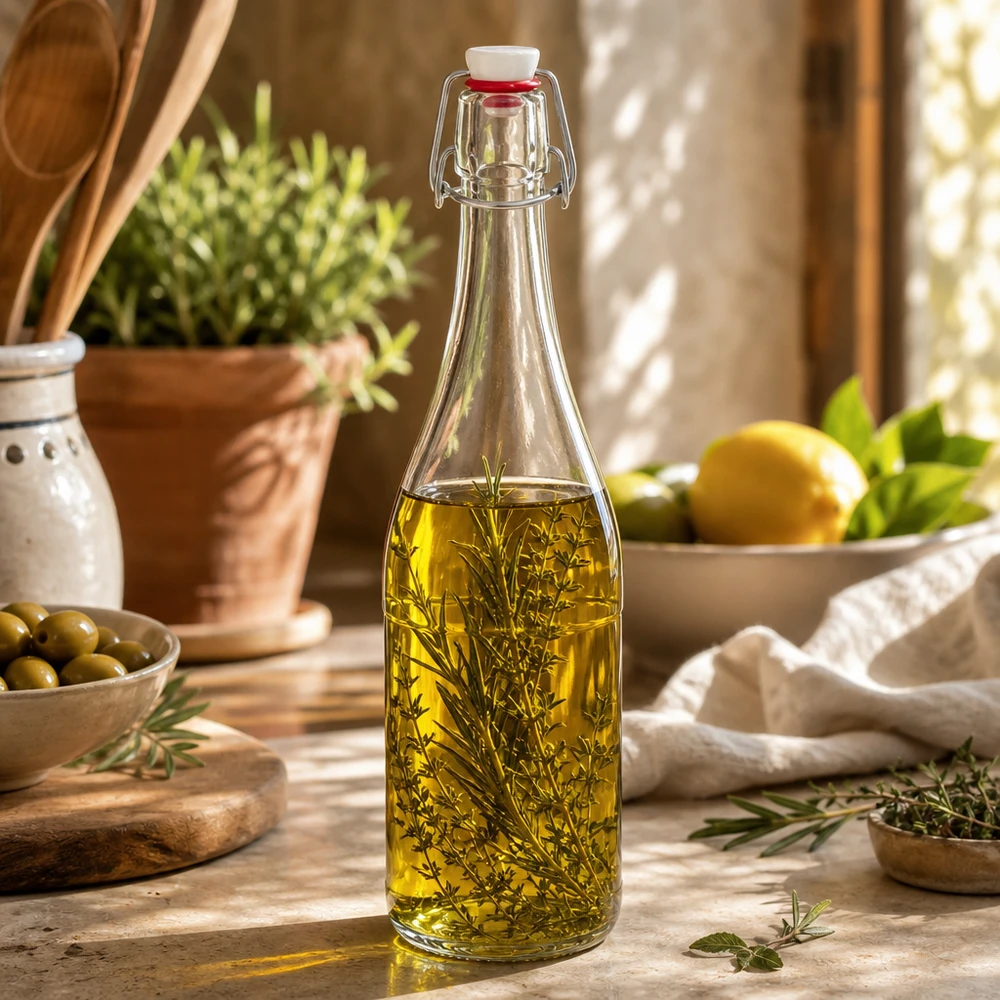 Szklana butelka 750 ml i zamknięcie z uchwytem PVC UNiTWIST 750ml szklana butelka typu swing top wypełniona olejkiem ziołowym Przykład zastosowania Kuchnia śródziemnomorska dekoracyjna
