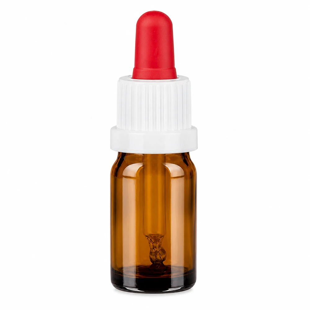 Butelka do leków płynnych 5 ml biała/czerwona OV BrownLine UT18/5 Butelka z pipetą o pojemności 5 ml wykonana z bursztynowego szkła z białą zakrętką i czerwoną pipetą do precyzyjnego dozowania.