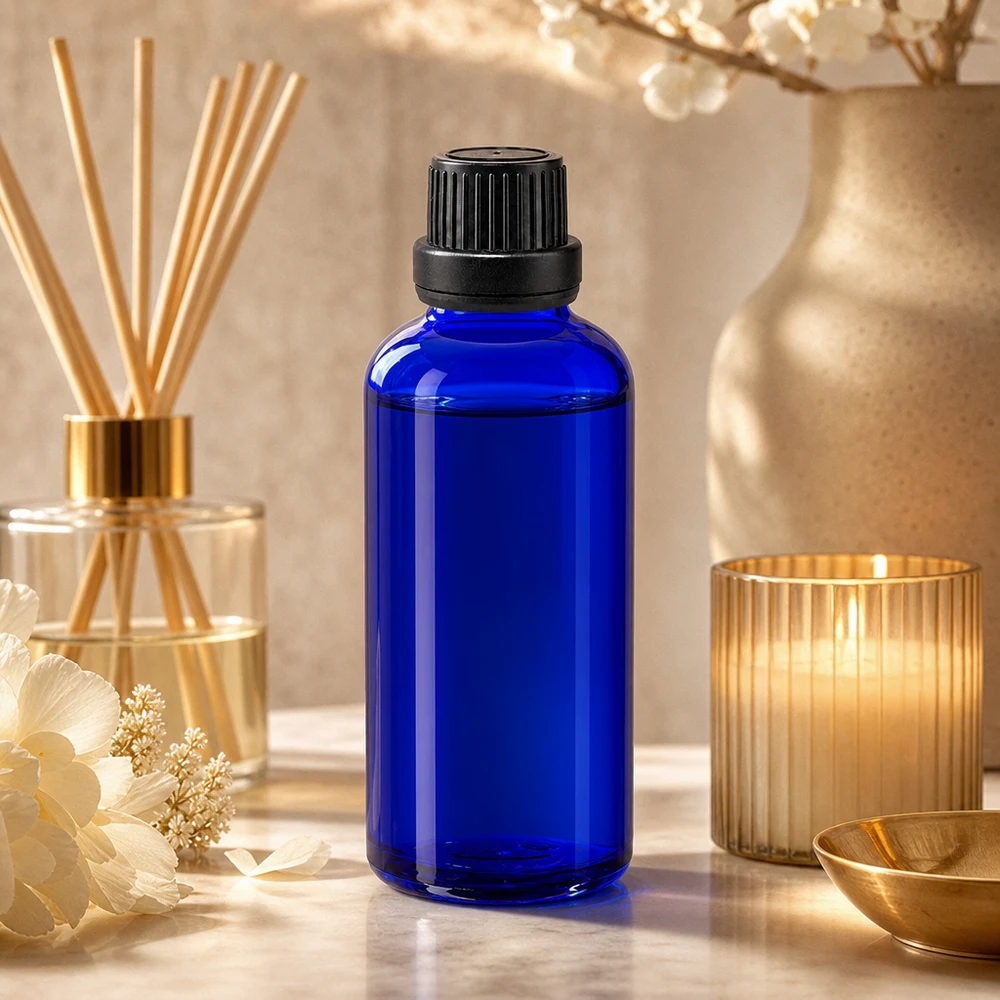 Butelka apteczna niebieska 50ml drip v. Pr. 2mm czarny OV Niebieska butelka z zakraplaczem o pojemności 50 ml, z nasadką dozującą 2 mm i czarną nakrętką, na tle marmuru z motywem zapachowym do wnętrz