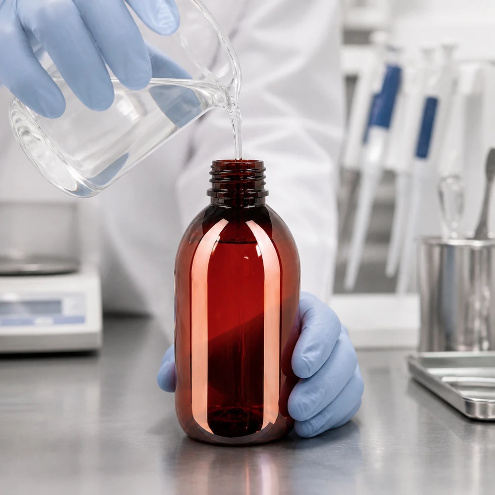 Braune PET Flasche 250ml mit Gewinde und Originalitätsverschluss beim professionellen Abfüllvorgang