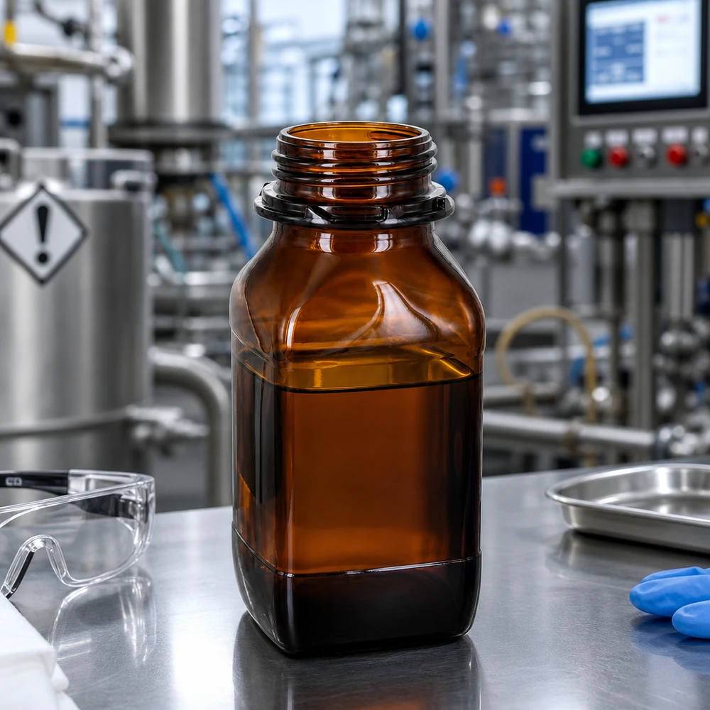 Kwadratowa butelka laboratoryjna o pojemności 500 ml wykonana z bursztynowego szkła z praktycznym gwintem zapewniającym bezpieczne zamknięcie
