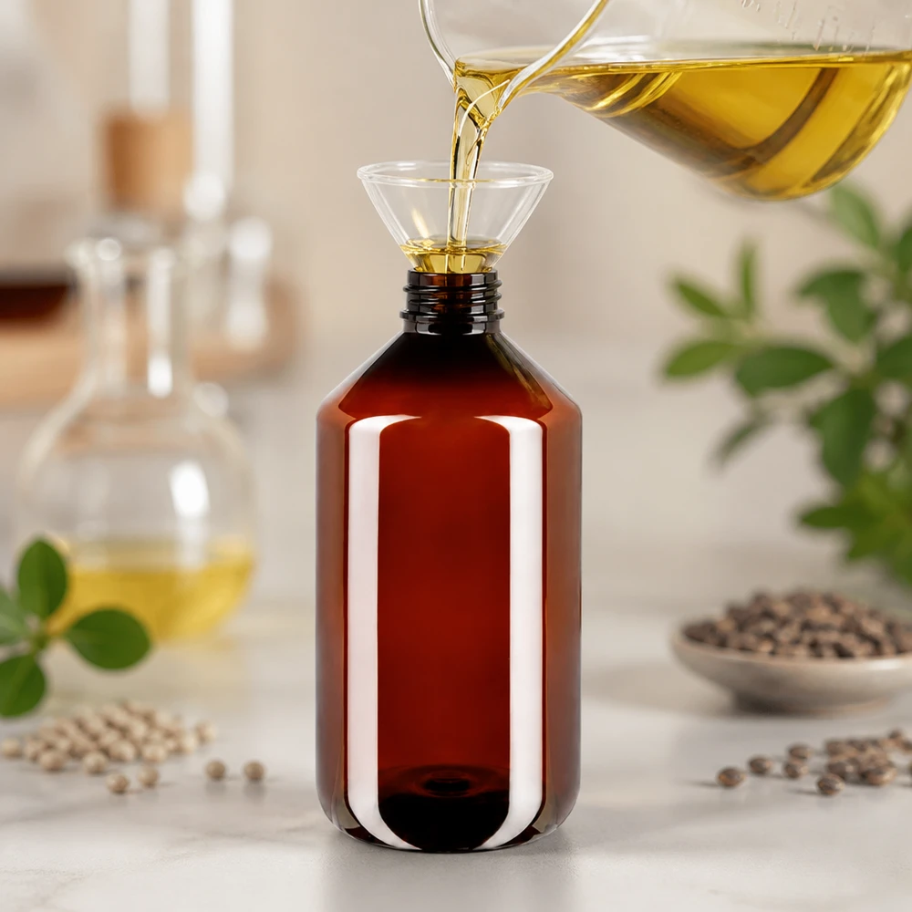 Butelka PET 500ml z zieloną nakrętką OV Brązowa butelka PET o pojemności 500 ml jest napełniana złotym olejem za pomocą lejka na białej marmurowej powierzchni