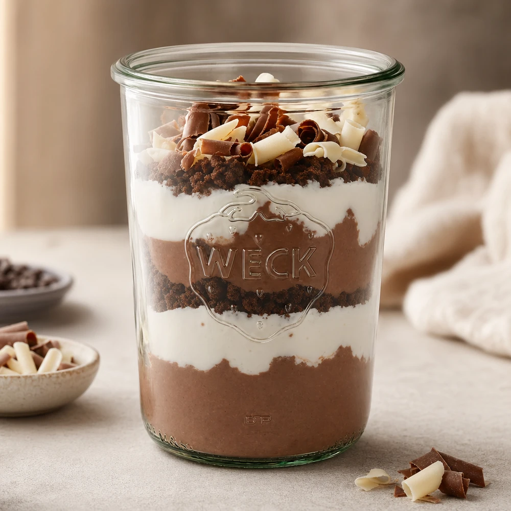 Kubki WECK RR100 o pojemności 850 ml wypełnione warstwowym deserem składającym się z musu czekoladowego, śmietanki i okruchów herbatników.