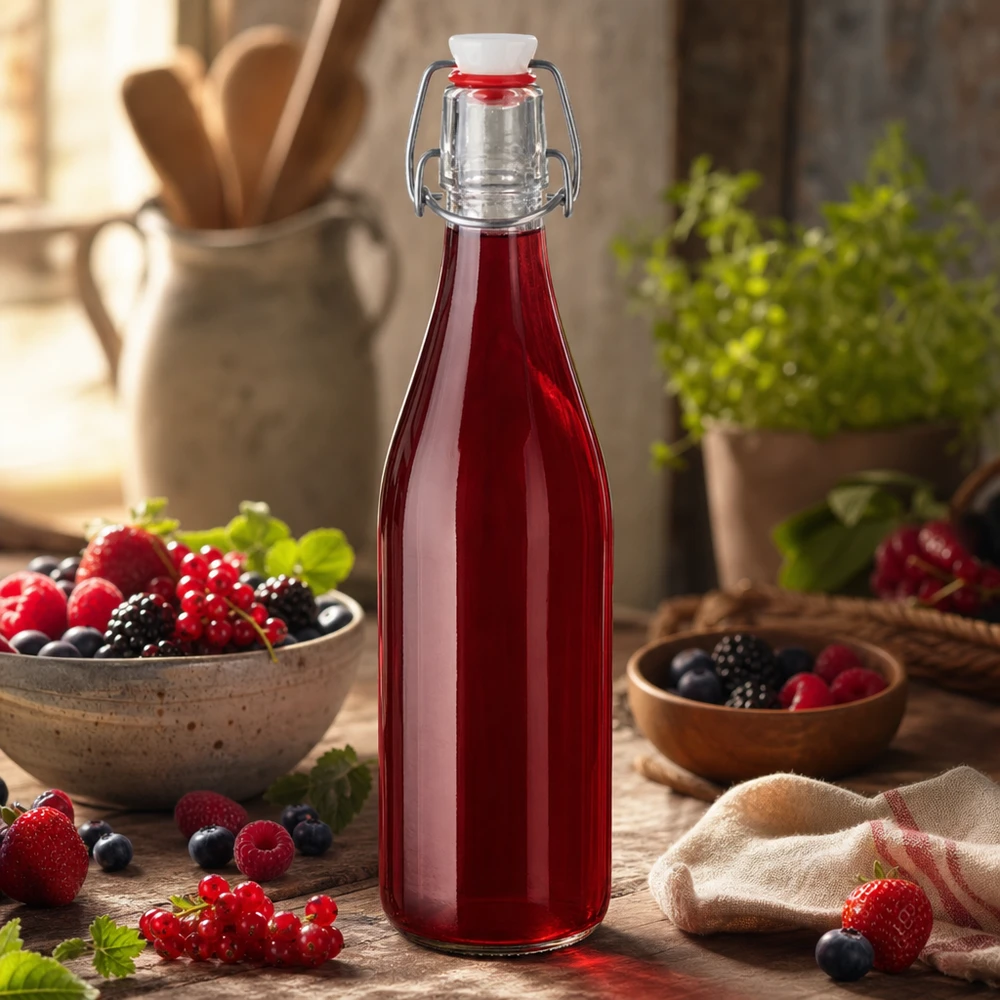 Szklana butelka 500 ml i zamknięcie z uchwytem PVC UNiTWIST 500ml Glasflasche Bügelverschluss mit rotem Beerensaft gefüllt Fruchtsäfte Smoothies selbstgemacht Küchendeko