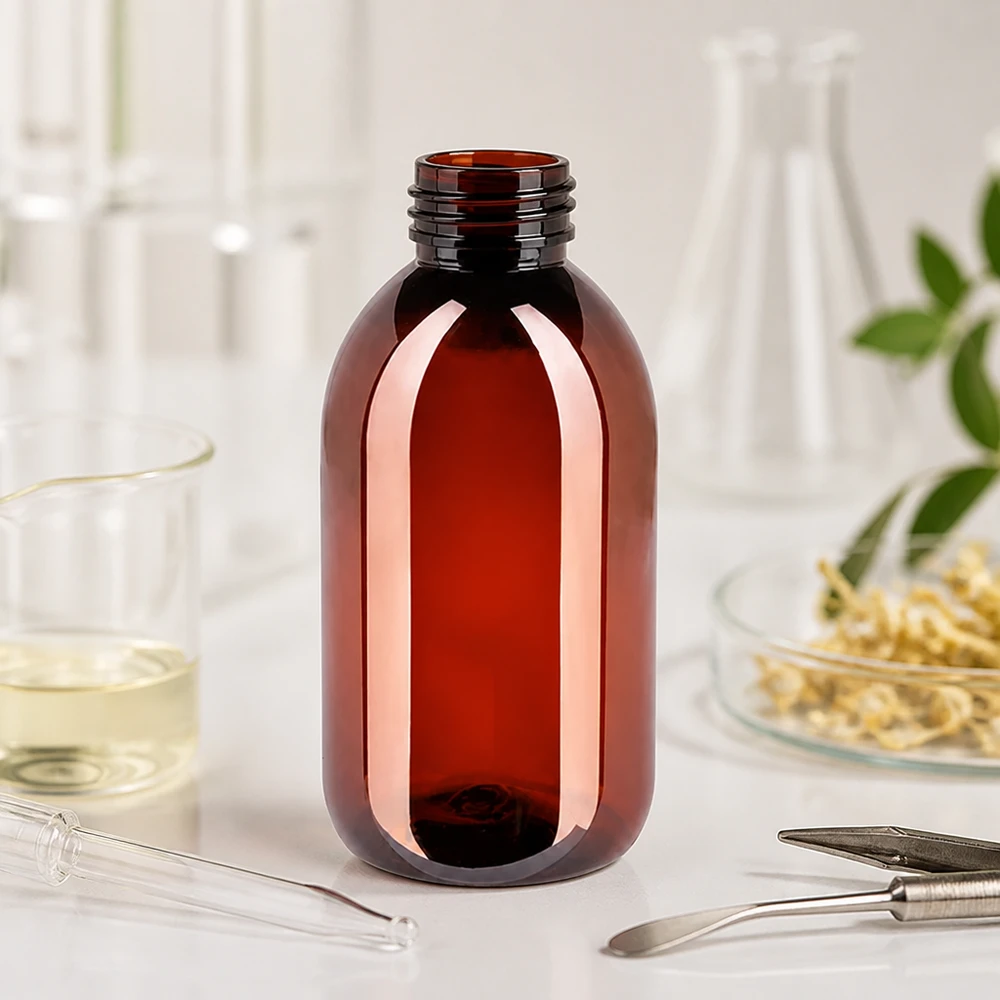 Pusta brązowa butelka PET o pojemności 250 ml z gwintem i niebieską plombą zabezpieczającą