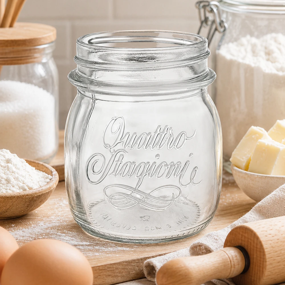 Szklanka domowa "Quattro Stagioni" o pojemności 250 ml 250ml Quattro Stagioni domowy słoik na przetwory z emblematem na drewnianym stole z przyborami kuchennymi i składnikami