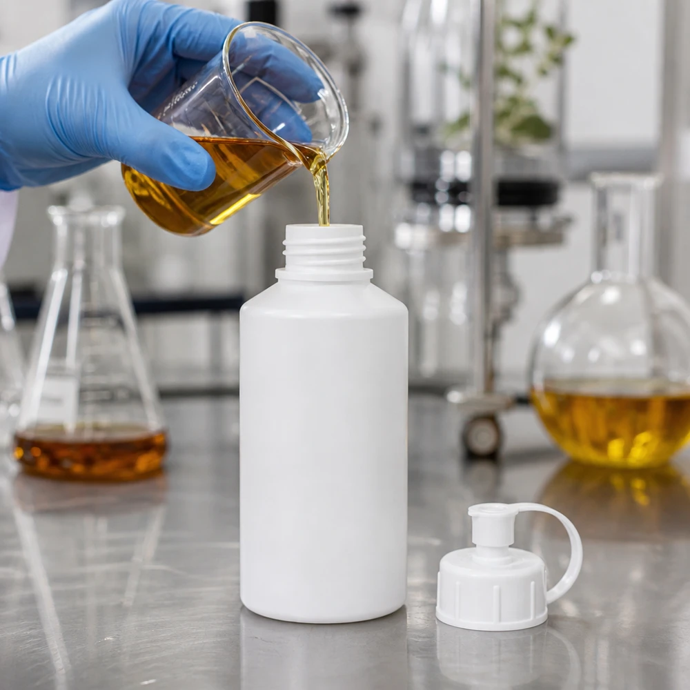 Biała butelka z HDPE o pojemności 50 ml z zakrętką z rozpylaczem jest napełniana w laboratorium żółtym ekstraktem