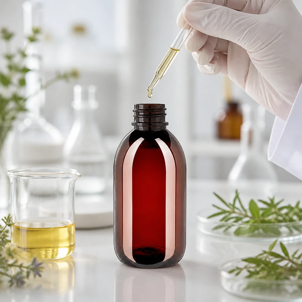 Brązowa butelka PET o pojemności 250 ml z pipetą w laboratorium, otoczona ziołami leczniczymi i szklanymi naczyniami