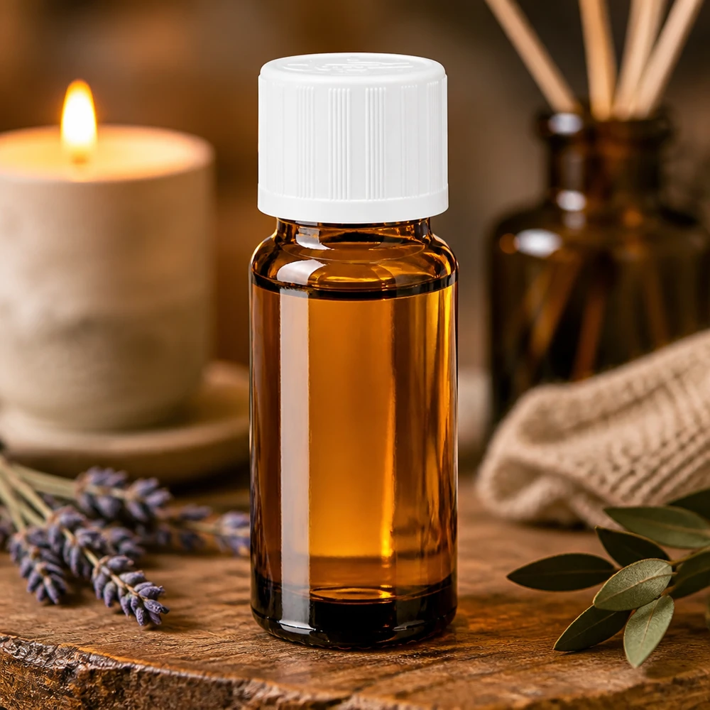 Butelka do aromaterapii o pojemności 10 ml, wykonana z brązowego szkła aptecznego, z białą nakrętką zabezpieczającą przed dziećmi