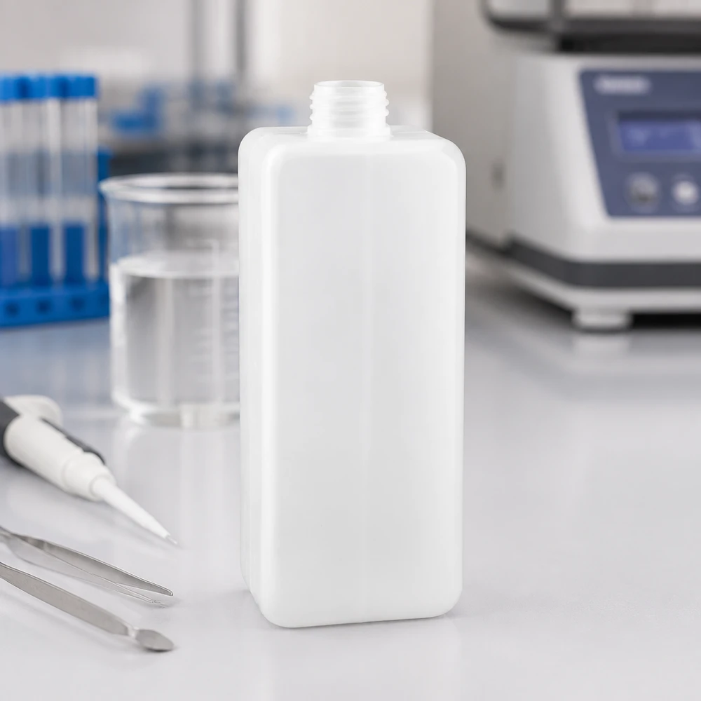 Pusta, biała butelka na chemikalia o pojemności 1000 ml, wykonana z PE-HD, z wąską szyjką GL 32, stojąca na białym blacie laboratoryjnym wraz z przyrządami laboratoryjnymi
