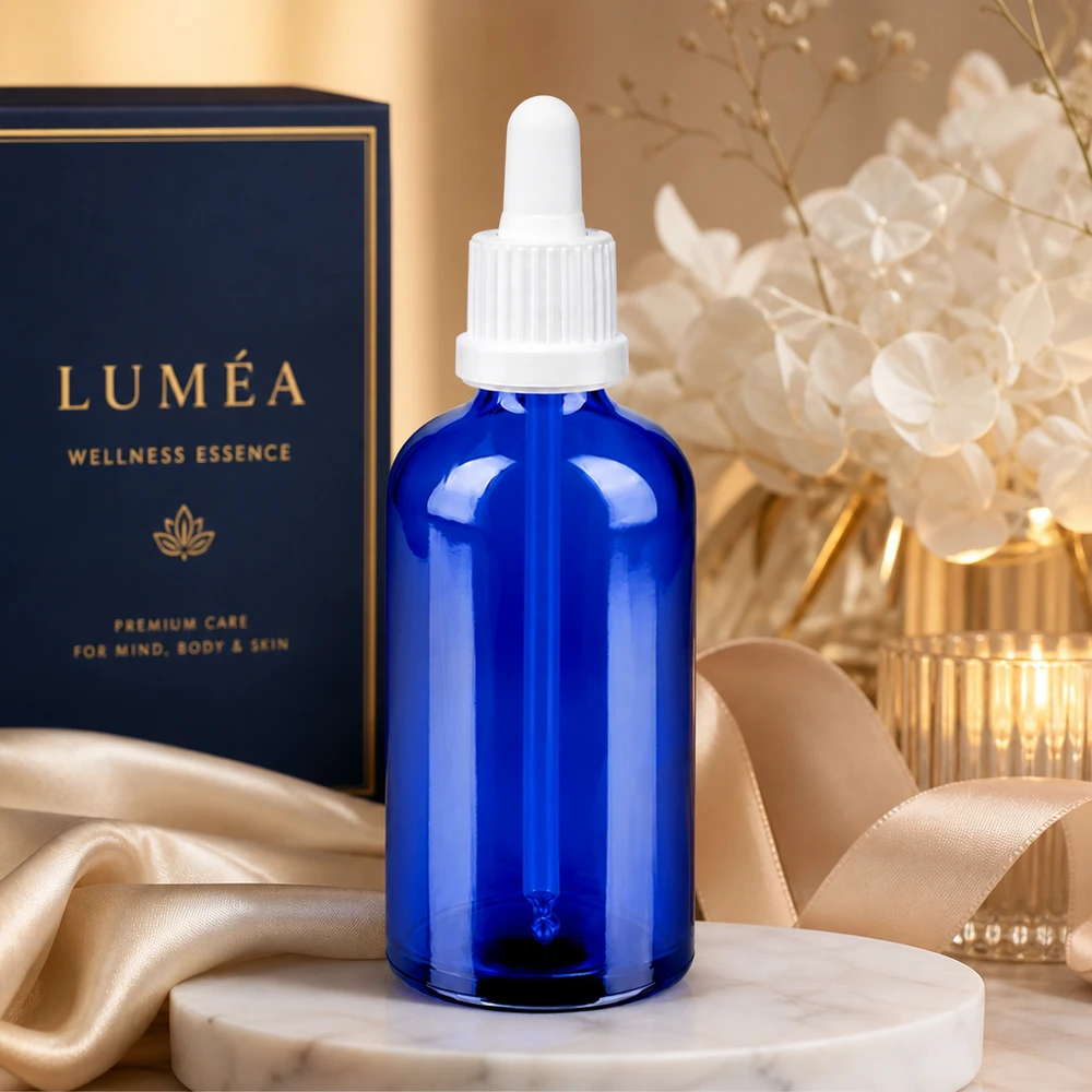 Butelka do leków płynnych 100 ml biała OV BlueLine UT18/100 Elegancka niebieska szklana butelka 100 ml z białą pipetą do serum i esencji wellness BlueLine UT18/100