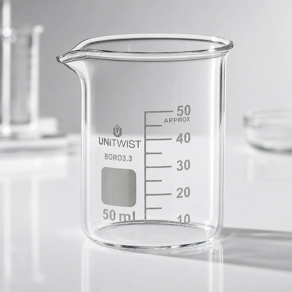 Zlewka 50 ml z borokrzemianu, niskoprofilowa UNiTWIST Pusta, przezroczysta zlewka o pojemności 50 ml, o niskim kształcie, UNiTWIST BORO 3.3, na białym blacie laboratoryjnym