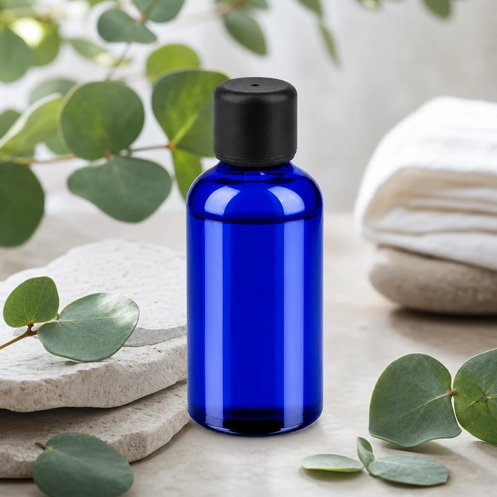 Kompaktowa szklana butelka o pojemności 50 ml w eleganckim niebieskim kolorze z praktycznym zakraplaczem do serum i nalewek