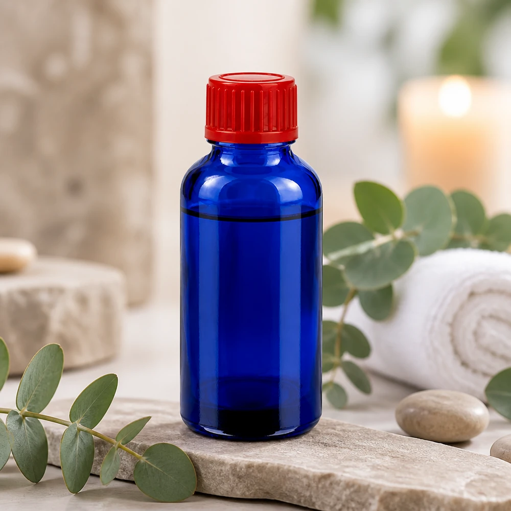 Butelka 30 ml 11 mm SV czerwona STD BlueLine UT18/30 Kompaktowa butelka aptekarska o pojemności 30 ml wykonana z niebieskiego szkła z czerwoną zakrętką zabezpieczającą przed dziećmi