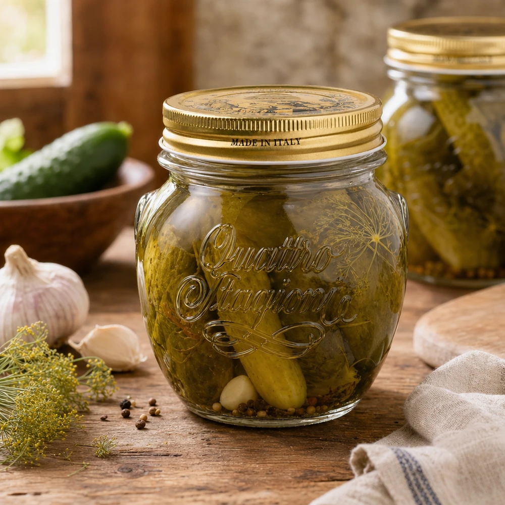 300 ml okrągły słoik Quattro Stagioni ze złotą pokrywką wypełniony marynowanymi korniszonami na rustykalnym drewnianym stole Made in Italy
